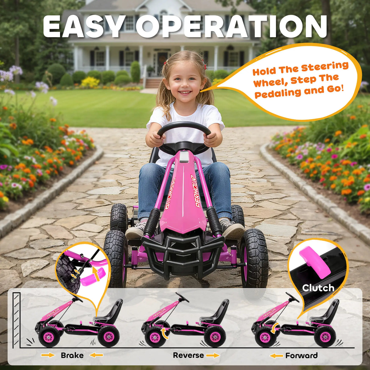 AIYAPLAY Kids Pedal Go Kart with Adjustable Seat, EVA Tyres, Manual Clutch, Brake, Go Kart for Kids 3-8 Years, Pink