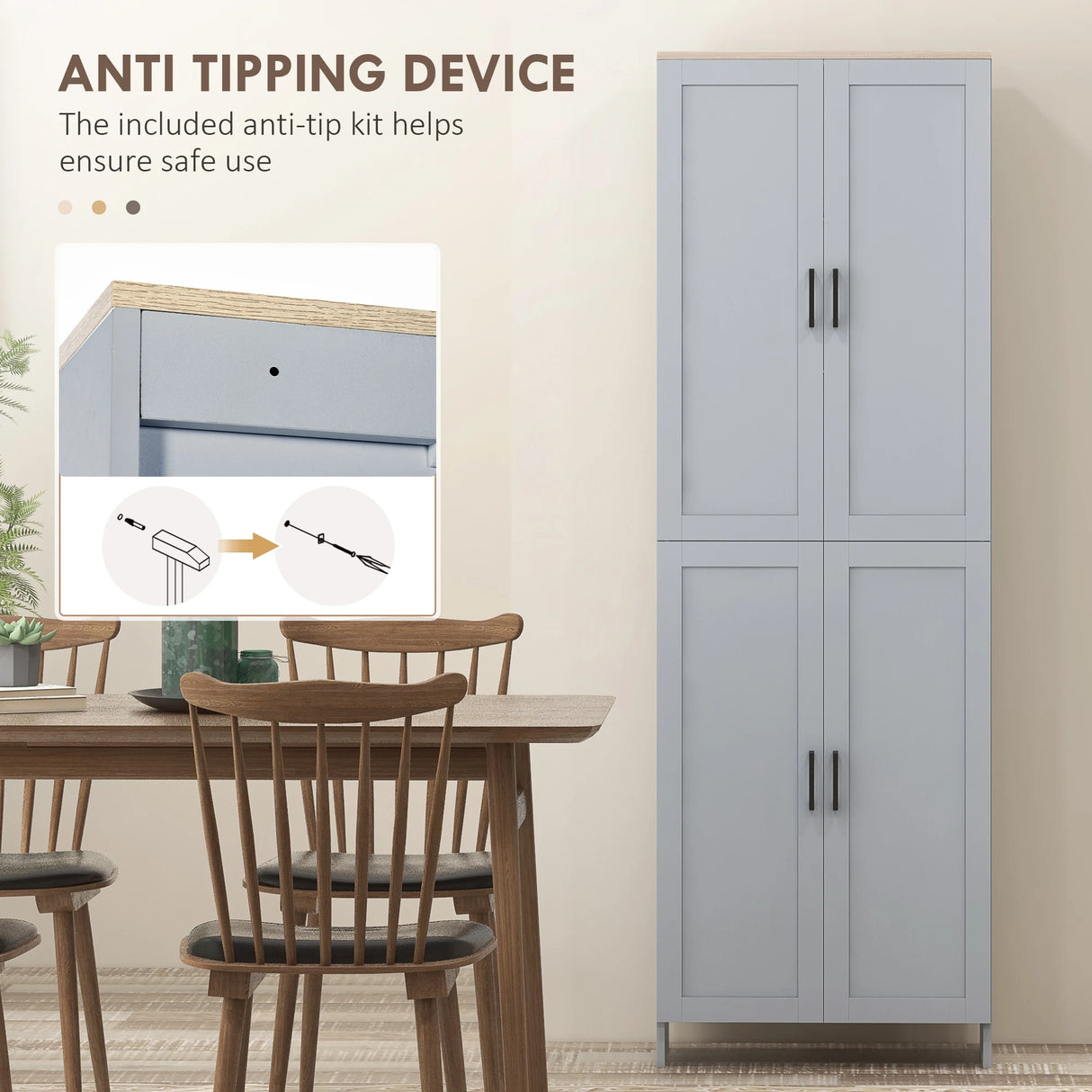 HOMCOM Freestanding Kitchen Cupboard, 4-Door Storage Cabinet with Adjustable Shelves, Modern Kitchen Pantry for Dining Room, 170cm, Grey