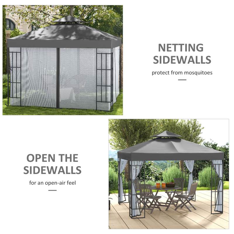 Outsunny 3 x 3(m) Patio Gazebo Canopy Garden Pavilion Tent Shelter with 2 Tier Roof and Mosquito Netting, Steel Frame, Grey