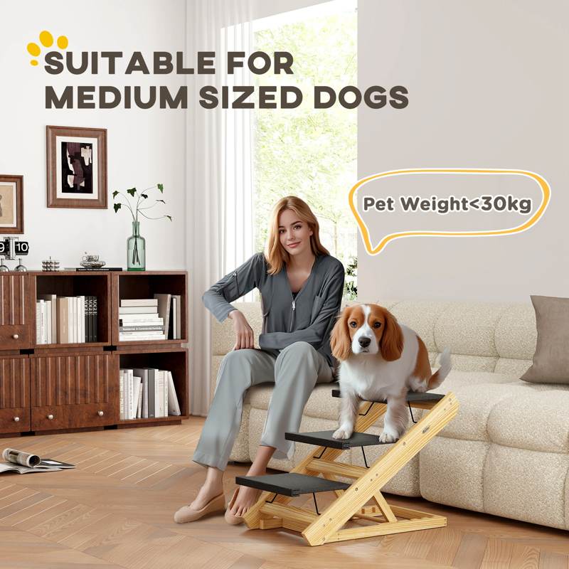 PawHut Adjustable Dog Steps Dog Ramp, 3-Step Non-slip Pet Stairs for Medium Sized Dogs, Foldable Dog Stairs for Bed Sofa