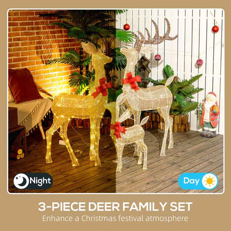 Outsunny Lighted Reindeer Christmas Decorations Outdoor, 3-Piece Light Up Deer Family Set of 3 with 283 LED Lights for Indoor, Lawn, Garden, Gold Tone