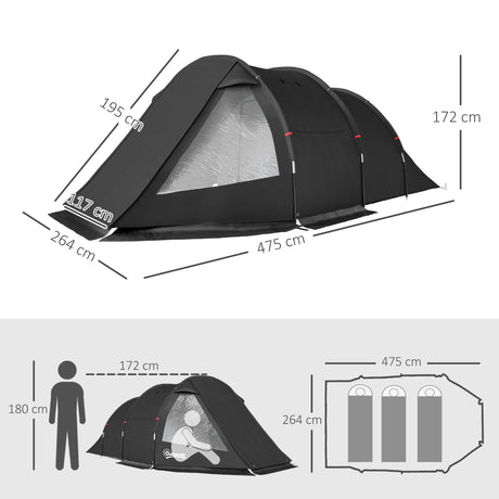 Outsunny 3-4 Man Tunnel Tent, Two Room Camping Tent with Windows, Portable Carry Bag, for Fishing, Hiking, Sports, Festival - Black