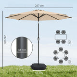 Outsunny 2.7 m Garden Parasol Umbrella with Cross Base and Sandbag, Retractable Ribs, Outdoor Table Market Umbrella, Khaki
