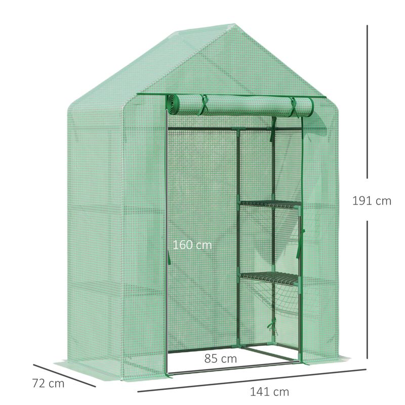 Outsunny Walk In Greenhouse for Outdoor, Portable Gardening Plant Grow House with 2 Tier Shelf, Roll-Up Zippered Door, PE Cover, 141 x 72 x 191cm, Green