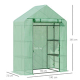 Outsunny Walk In Greenhouse for Outdoor, Portable Gardening Plant Grow House with 2 Tier Shelf, Roll-Up Zippered Door, PE Cover, 141 x 72 x 191cm, Green