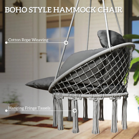 Outsunny Hanging Chair Outdoor Hammock Chair with Soft Cushion, Cotton Rope Boho Style Swing Chair, Hanging Garden Swing Seat for Indoor Outdoor, Dark Grey