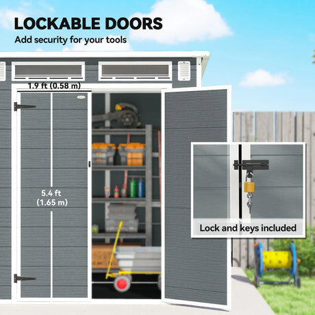 Outsunny 6 x 6 ft Plastic Garden Shed, Wood-Effect Outdoor Storage Shed with Floor, Windows, Lockable Doors and Vents, Grey