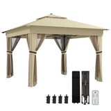 Outsunny 3 x 3(m) Pop Up Gazebo Party Tent with Solar-Powered LED Lights, Adjustable Event Shelter with Netting, Khaki