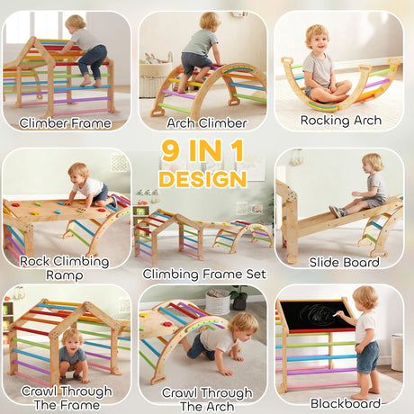 AIYAPLAY 9 in 1 Toddler Climbing Frame with Ramp, Slide, Arch, Ladder, Blackboard for 18-48 Months