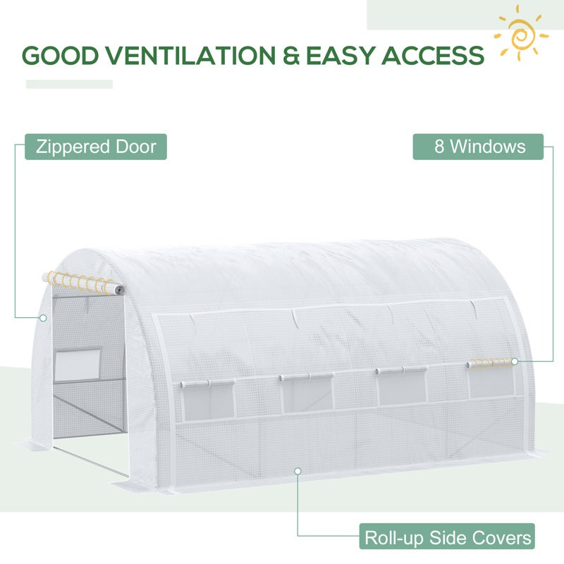 Outsunny 4 x 3 x 2 m Polytunnel Greenhouse with Roll-up Side Walls, Walk-in Grow House Tent with Steel Frame, Reinforced Cover, Zipped Door and 12 Mesh Windows for Garden, White