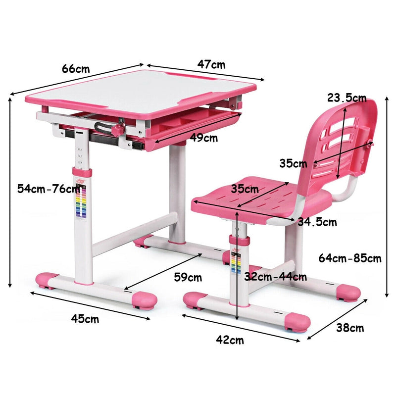 Height Adjustable Childrens Desk Chair Set -Pink