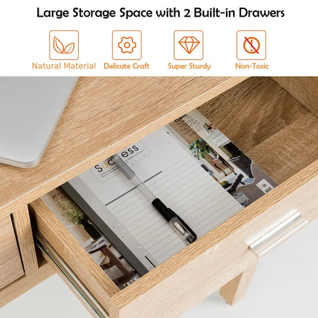 Extending Writing Desk Console Table with 2 Drawers-Natural