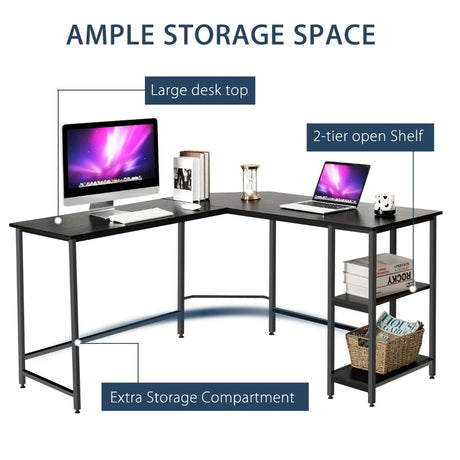L-Shaped Corner Computer Desk with 2-Tier Storage Shelf-Black