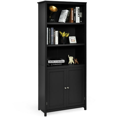 3-Shelf Bookcase with Double Doors &amp; Adjustable Shelves &amp; Cabinet-Black