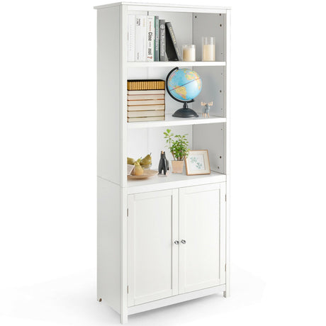 3-Shelf Bookcase with Double Doors &amp; Adjustable Shelves &amp; Cabinet-White