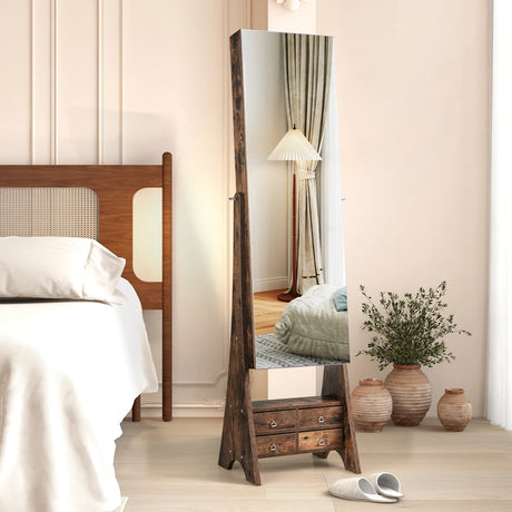 3-Color LED Lighted Jewelry Cabinet with Full-Length Mirror and Adjustable Tilt Angles-Rustic Brown