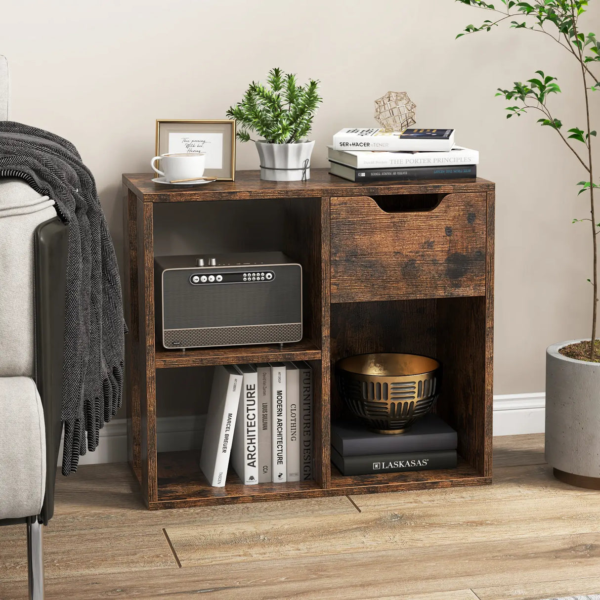 3-Cube Wooden Storage Shelf with Drawer-Rustic Brown