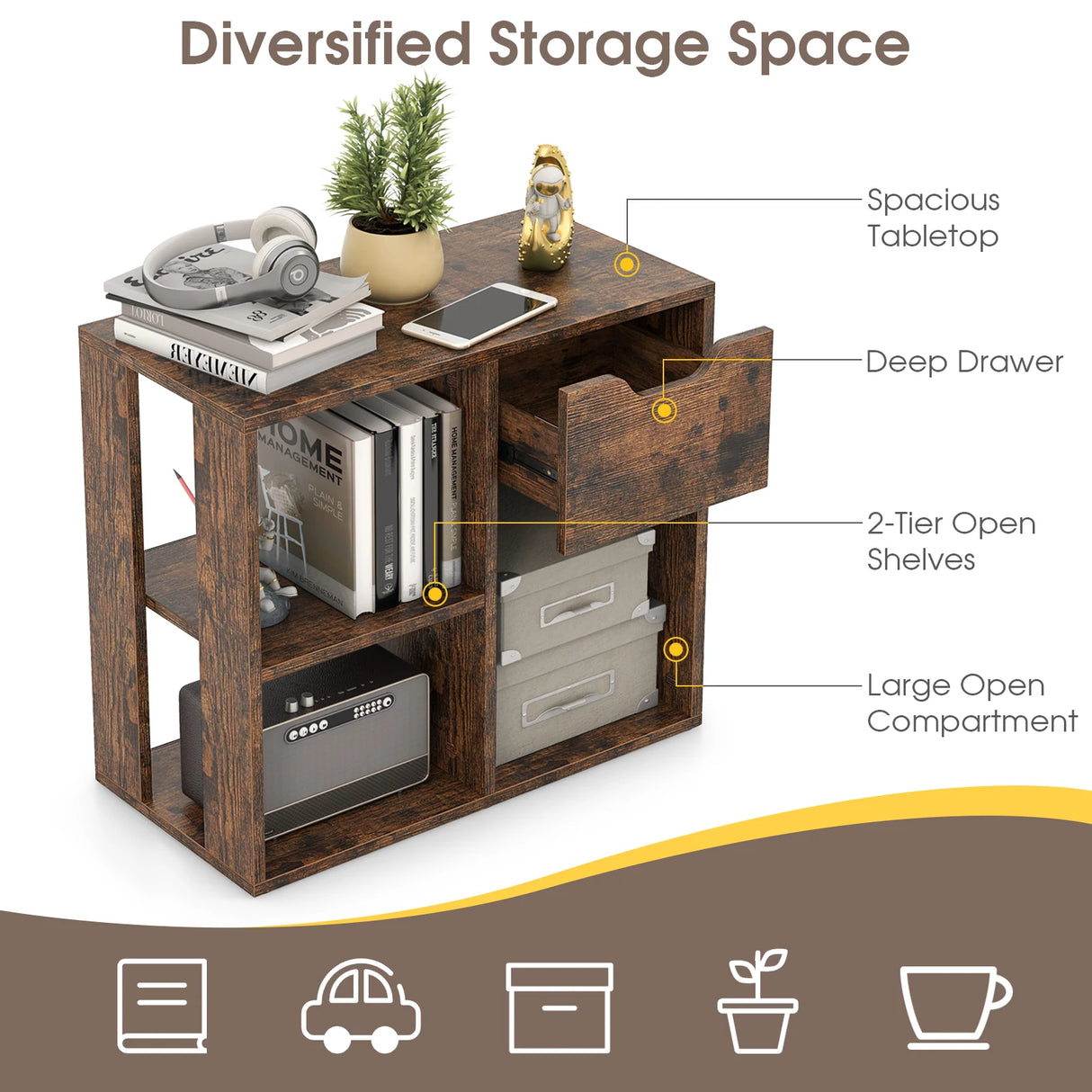 3-Cube Wooden Storage Shelf with Drawer-Rustic Brown