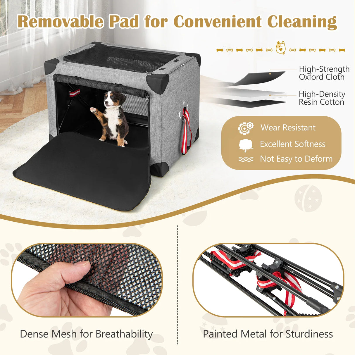 M/L/XL 3-Door Dog Crate with Removable Pad and Metal Frame-M