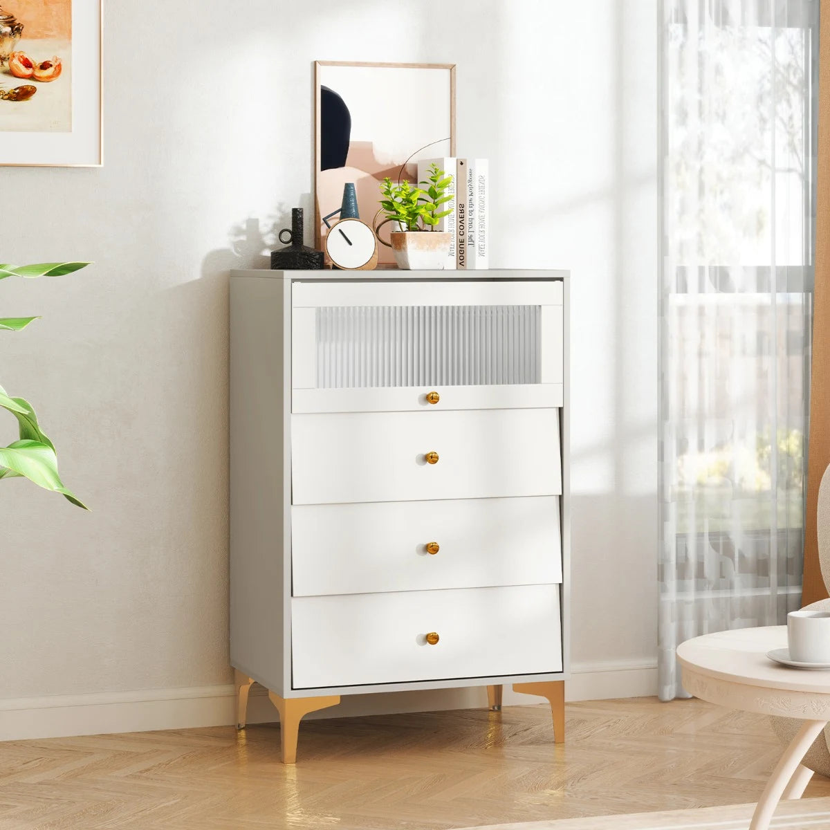 3/4 Drawer Dresser Cabinet with Flip Up Fluted Glass Door-3 Drawers