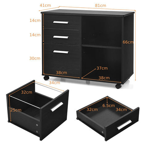 3-Drawer Mobile Lateral File Cabinet Printer Stand-Black