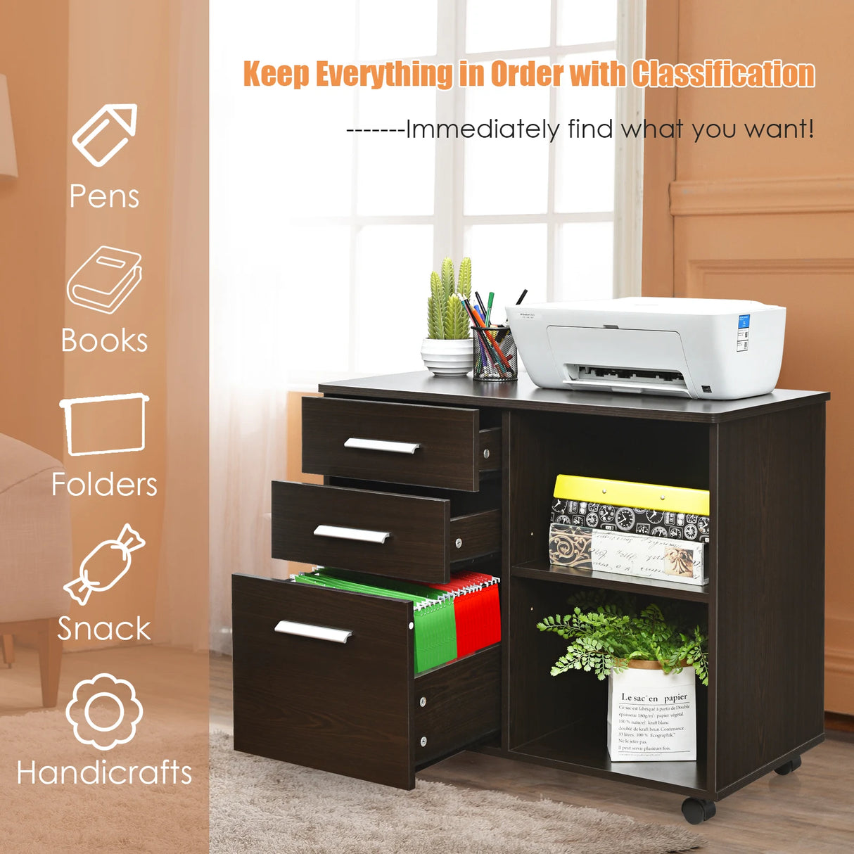3-Drawer Mobile Lateral File Cabinet Printer Stand-Espresso
