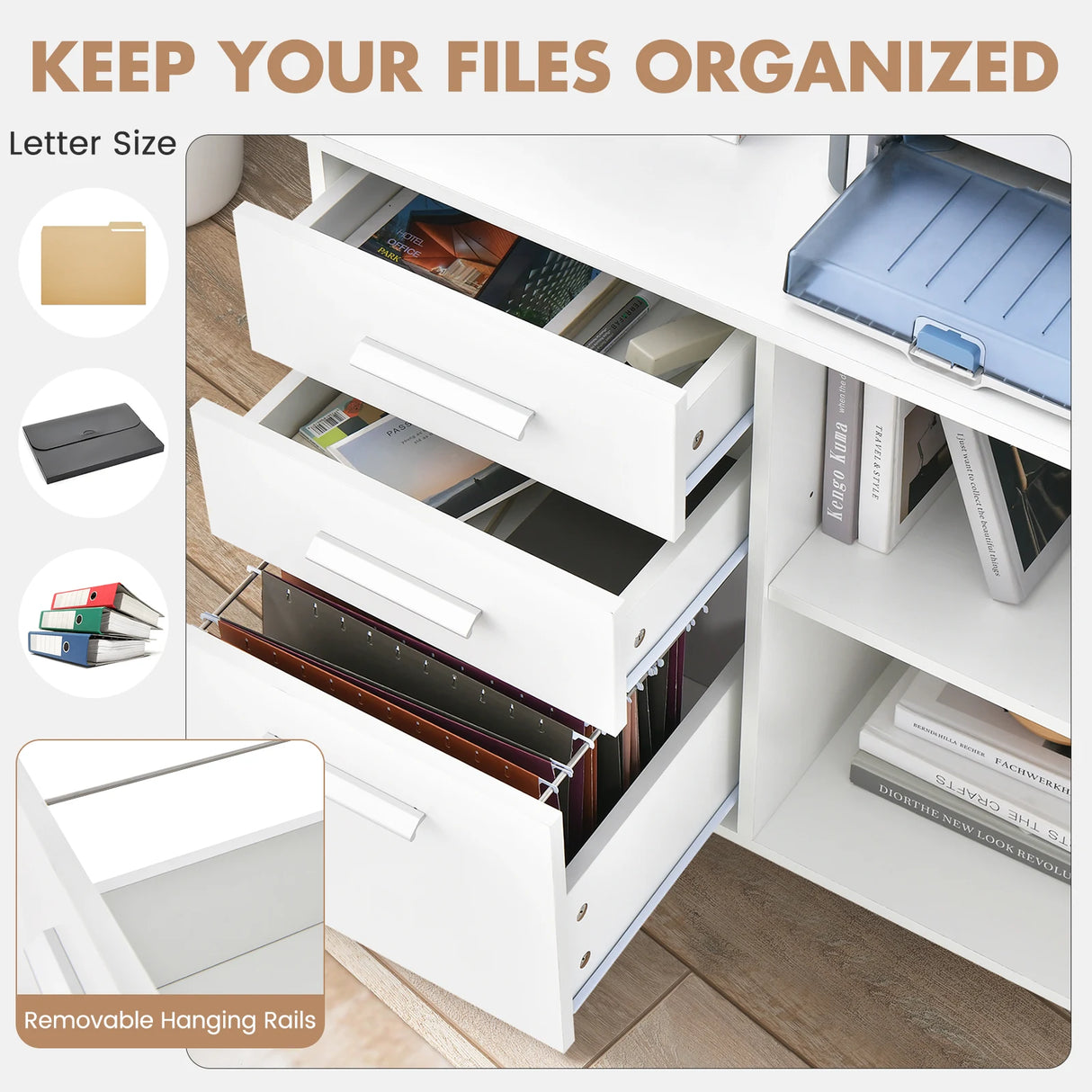 3-Drawer Mobile Lateral File Cabinet Printer Stand-White