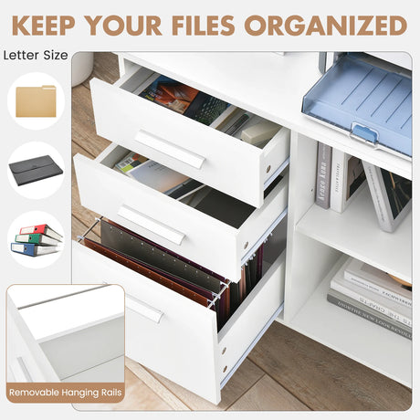 3-Drawer Mobile Lateral File Cabinet Printer Stand-White
