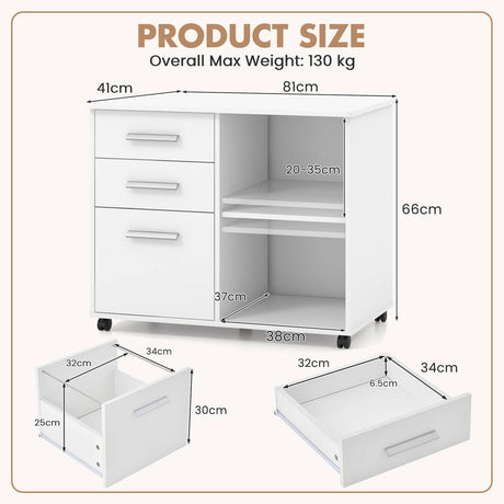 3-Drawer Mobile Lateral File Cabinet Printer Stand-White