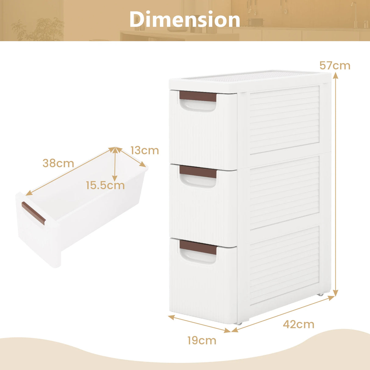 3/4/5/6-Drawer Rolling Organizer Unit Narrow Storage Cabinet with Built-In Wheels for Small Space-3-Drawer