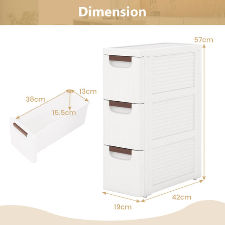 3/4/5/6-Drawer Rolling Organizer Unit Narrow Storage Cabinet with Built-In Wheels for Small Space-3-Drawer