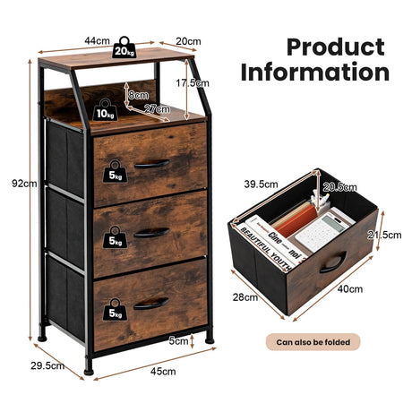 Organizing Dresser Unit with 3 Removable Drawers for Bedroom, Living Room