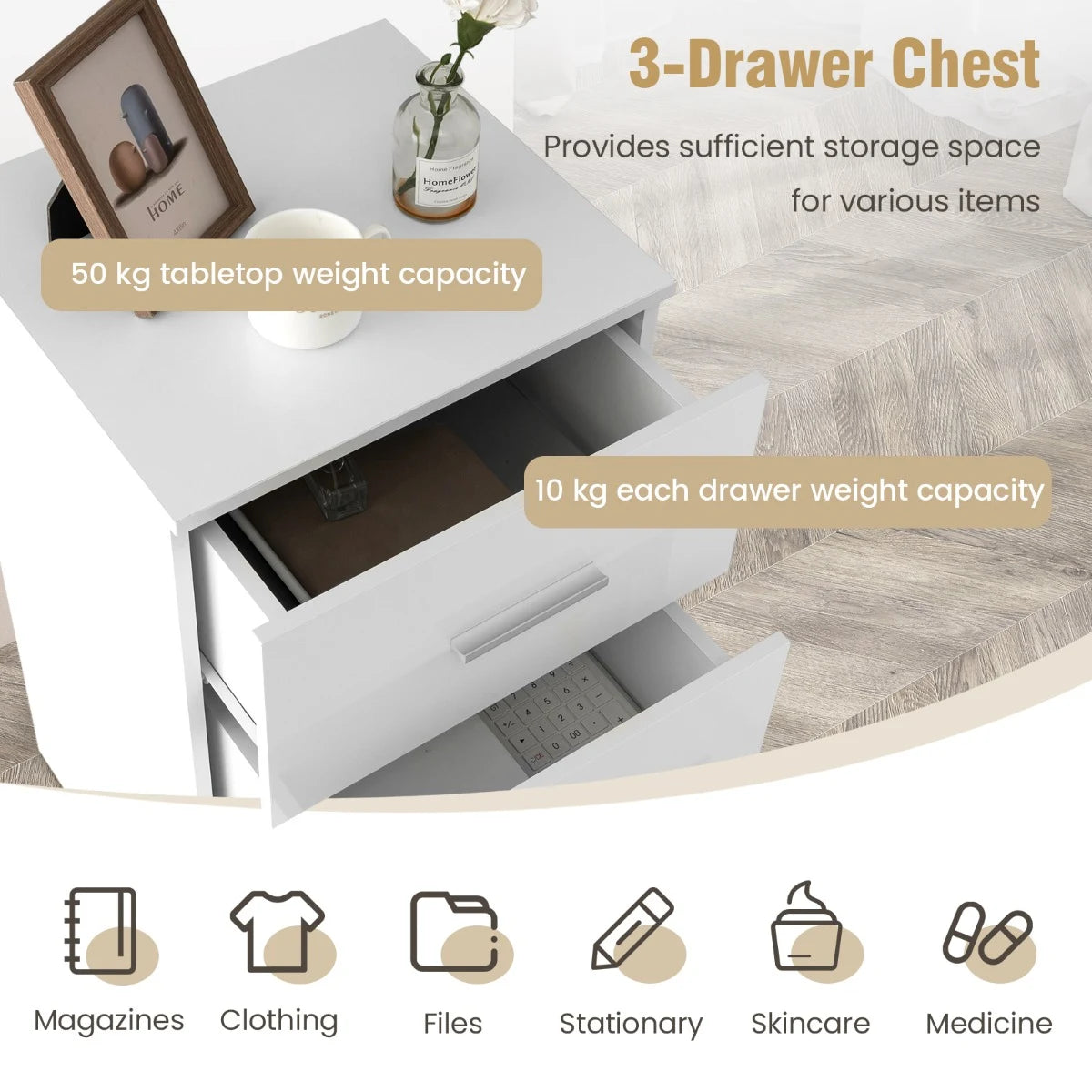 Set of 2 Nightstands with 3 Drawers Nightstand 37.1 x 34.2 x 66.5 cm White