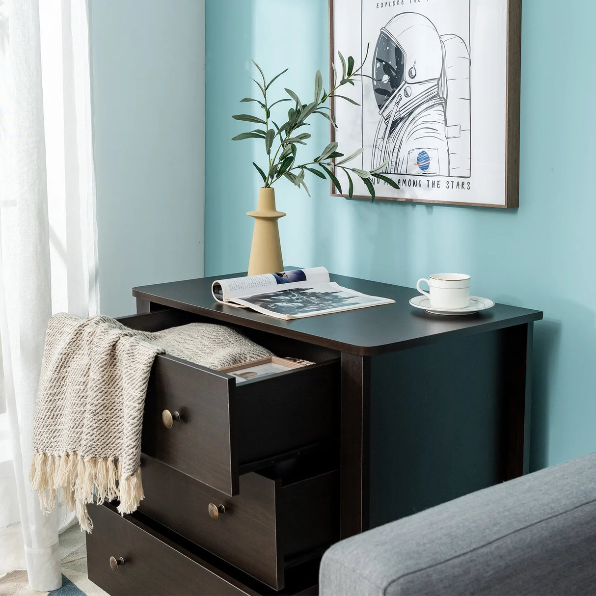 3 Drawer Dresser Chest of Drawers Bedside Table-Dark Brown