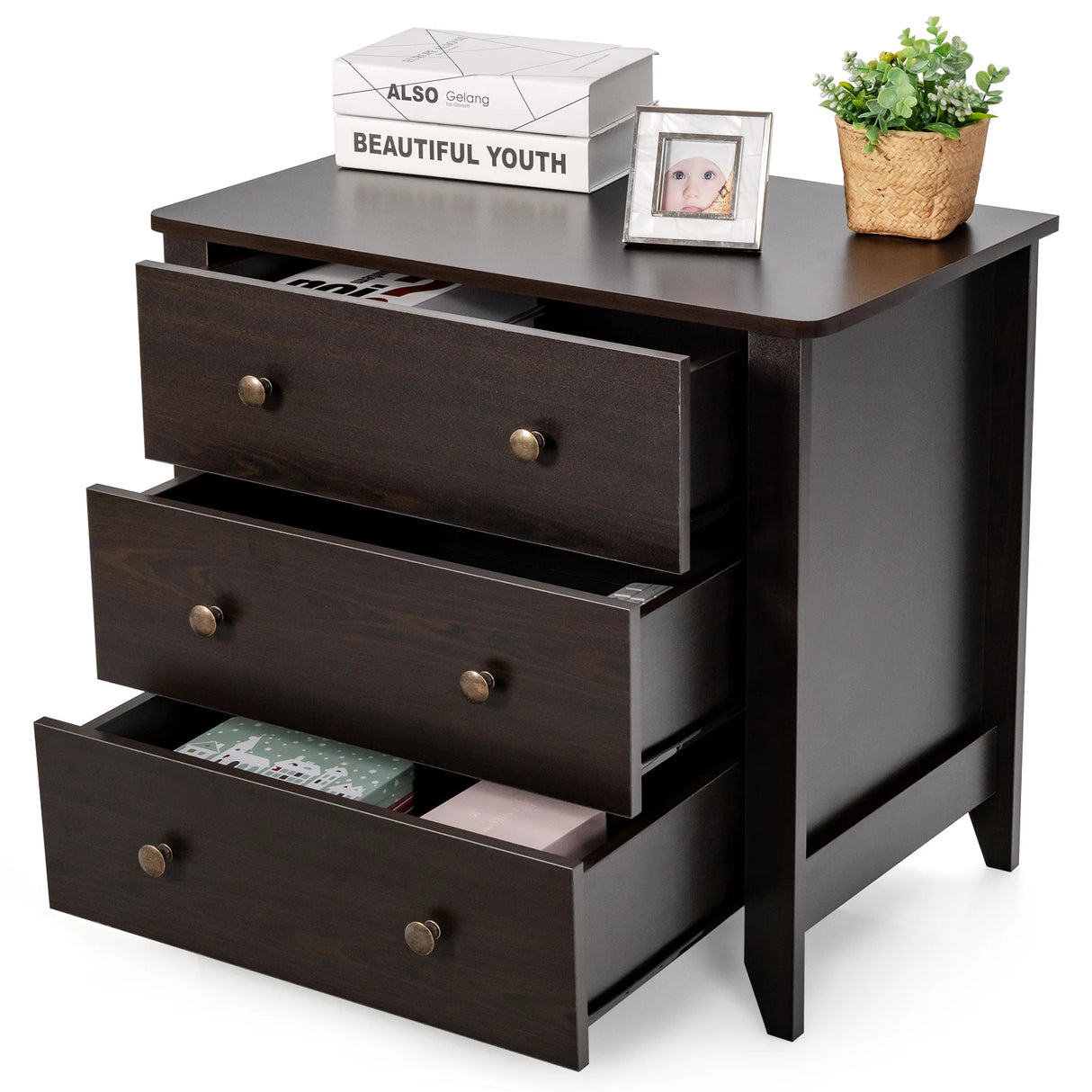 3 Drawer Dresser Chest of Drawers Bedside Table-Dark Brown