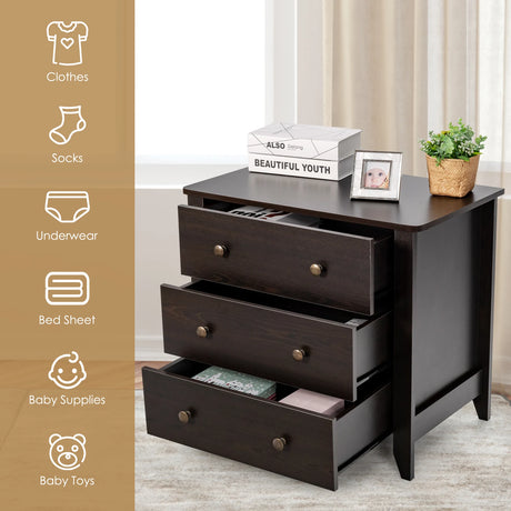 3 Drawer Dresser Chest of Drawers Bedside Table-Dark Brown