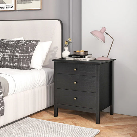 3-Drawer Wooden Nightstand with Storage and Wood Finish-Black