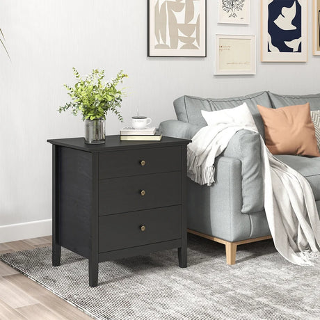 3-Drawer Wooden Nightstand with Storage and Wood Finish-Black