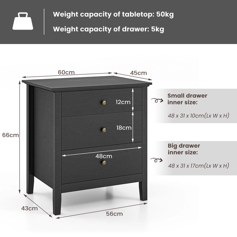3-Drawer Wooden Nightstand with Storage and Wood Finish-Black