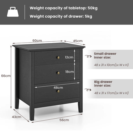3-Drawer Wooden Nightstand with Storage and Wood Finish-Black