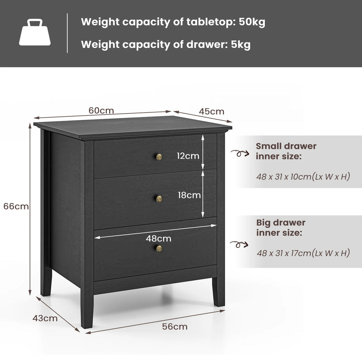 3-Drawer Wooden Nightstand with Storage and Wood Finish-Black