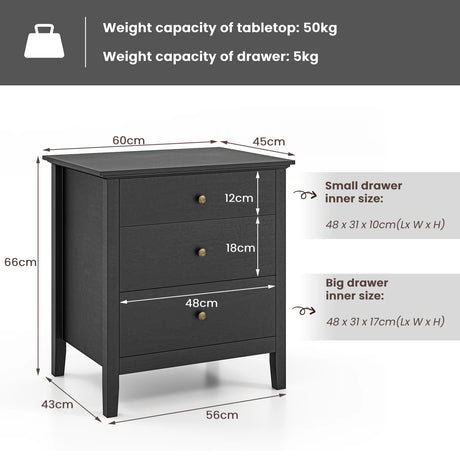 3-Drawer Wooden Nightstand with Storage and Wood Finish-Black
