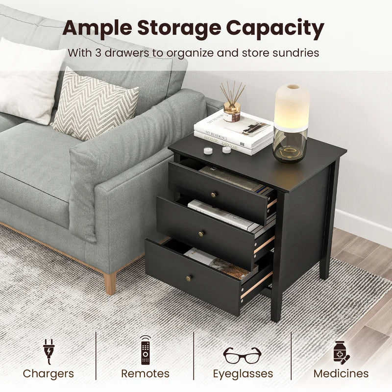 3-Drawer Wooden Nightstand with Storage and Wood Finish-Black