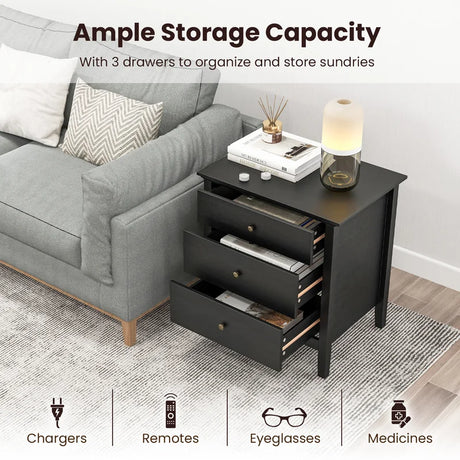3-Drawer Wooden Nightstand with Storage and Wood Finish-Black