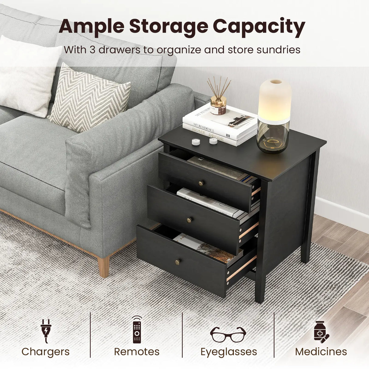 3-Drawer Wooden Nightstand with Storage and Wood Finish-Black