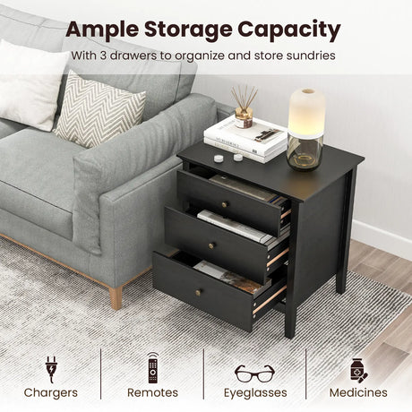 3-Drawer Wooden Nightstand with Storage and Wood Finish-Black