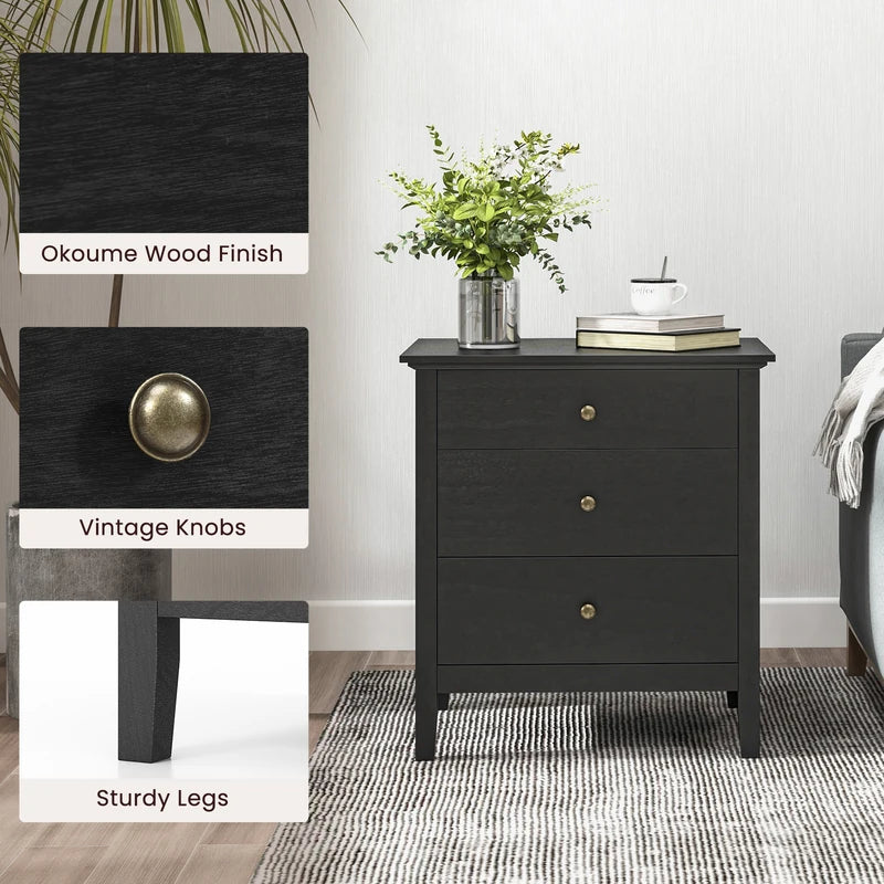 3-Drawer Wooden Nightstand with Storage and Wood Finish-Black