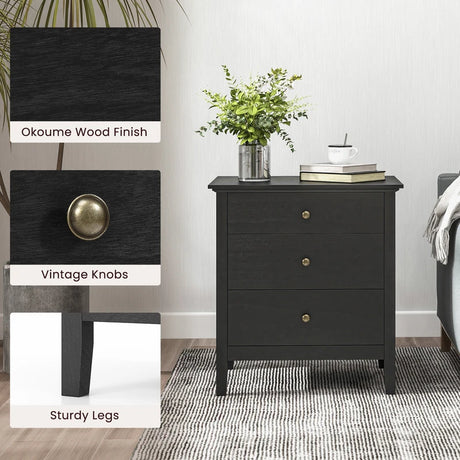 3-Drawer Wooden Nightstand with Storage and Wood Finish-Black