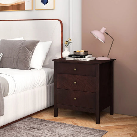 3-Drawer Wooden Nightstand with Storage and Wood Finish-Brown