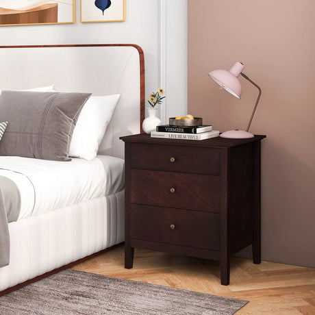 3-Drawer Wooden Nightstand with Storage and Wood Finish-Brown